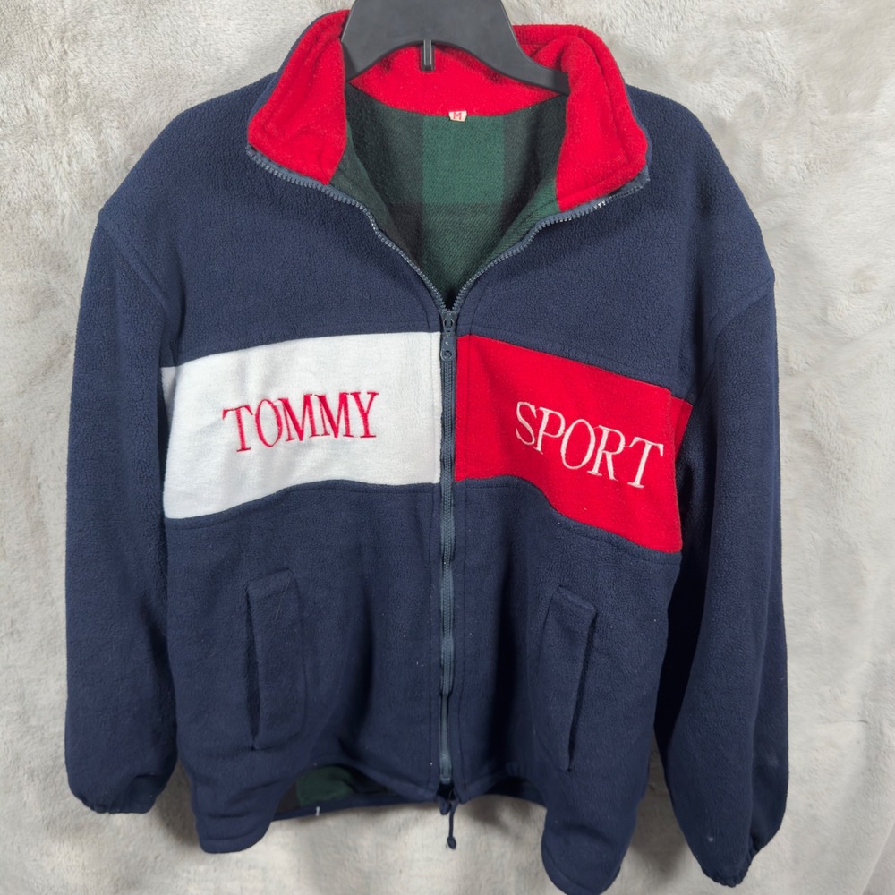 Vintage Tommy Sport Fleece Jacket Mens M Navy Red White‎ Plaid Streetwear